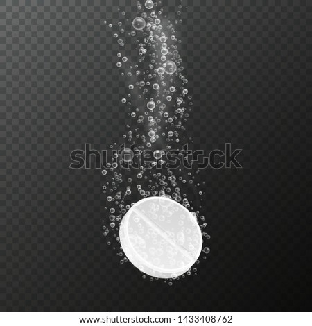 Tablet with bubbles. Effervescent dissolving aspirin pill in fizzy water. Vitamin drug with bubbles. Pharmacy dissolve medicine for healthcare vector isolated template