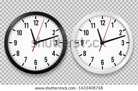 Realistic office clock. Wall round watches with time arrows and clock face isolated 3d vector black and white clocks on transparency background