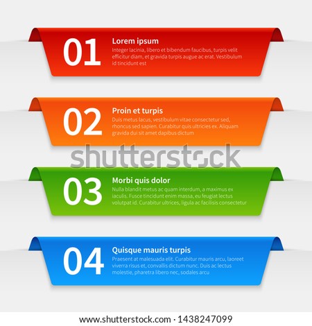 Colorful infographic banners. Tabbed labels template, infographics numbered ribbon frames with text. 3d report vector timeline tabbing marketing step market with number