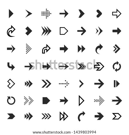 Arrows collection. Black arrow direction signs forward and down for navigation or web download button isolated vector narrow, right and recycle arrowhead symbols set
