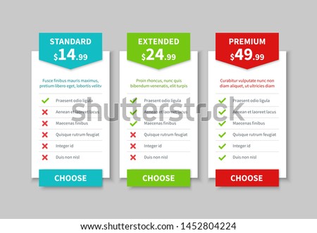 Comparison pricing list. Price plan table, product prices comparative tariff chart. Business infographic option banner vector template of creative simple tabbed column