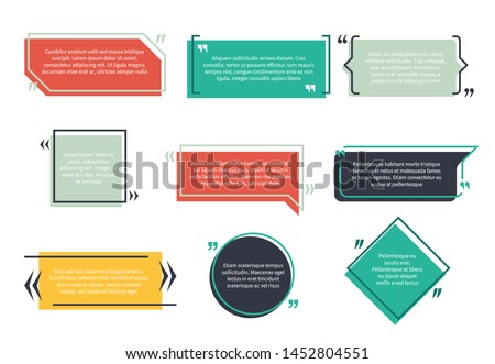 Texting boxes. Feedback typography quote box speech bubble template text note brackets citation page empty frame and geometric logo quotation memo set