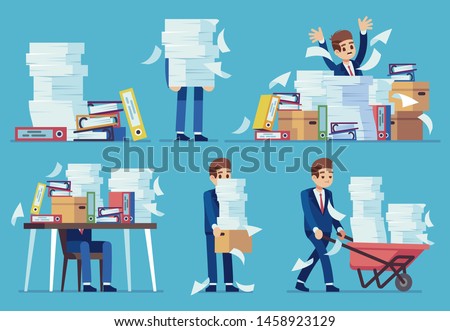 Unorganized office work. Accounting paper documents piles, disarray in files on accountant table. Routine paperwork vector business desk printing messy sheets lots person, overworked concept