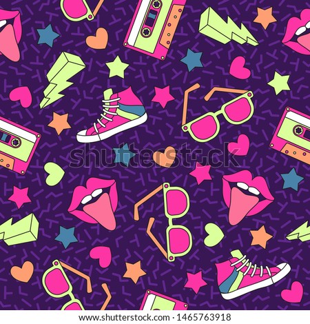 Retro cassettes pattern. Vintage cassette seamless background, stereo record media device. Music disco party 80s, 90s vector texture. Funky wallpaper with dance art print