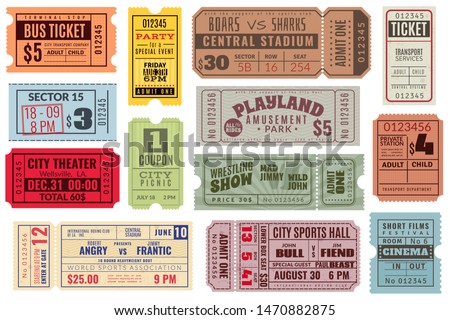 Retro tickets. Vintage cinema ticket concert and festival event, movie theater coupon. Circus show, raffle paper voucher carnival invite or train ticketing vector set