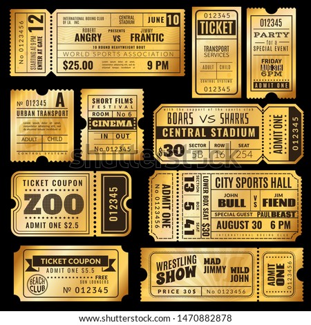 Golden tickets. Old gold admission vip ticket of circus, wedding party and cinema, theater concert. Raffle premium coupons vector ticketing label vintage seat numbers for entrance set