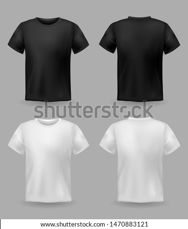 White and black t-shirt mockup. Sport blank shirt template front and back view, men and women clothes for fashion clothing realistic uniform for advertising textile print vector set