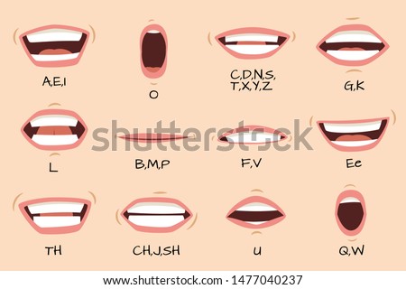 Mouth sync. Talking mouths lips for cartoon character animation and english pronunciation signs. Vector isolated female emotions and speaking articulation set