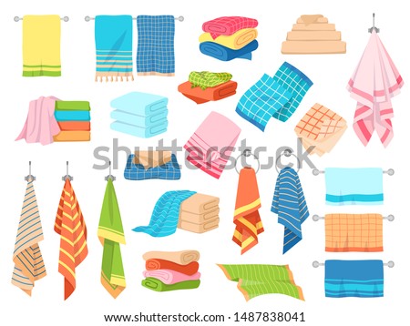 Bath towel. Hand kitchen towels, textile cloth for spa, beach, shower fabric rolls lying in stack. Cartoon vector hygiene objects clothing softness blanket hanging handkerchief set