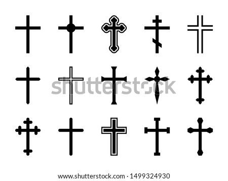 Christian cross. Jesus Christ crucifix, different shapes of orthodox and catalytic crosses religious silhouette signs vector decorative art god design isolated set
