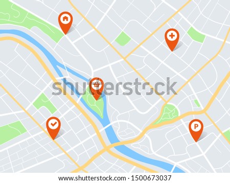 City map with pins. Town roads and residential blocks. Gps navigation route with pointers. Abstract urban travel vector locating geo infographic background