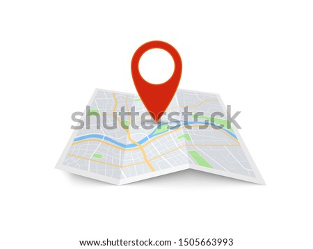 Map with pin. Red direction pointer on folded city map, gps navigation and travel location vector position search sticker 3d icon