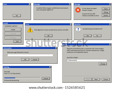 Old user interface window. Vintage computer retro browser dialog box with buttons. Warning system messages vector popup error messaging templates
