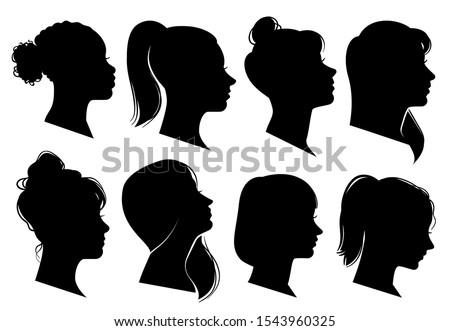 Woman heads in profile. Beautiful female faces profiles, black silhouette outline avatars, anonymous portraits with hairstyle isolated vector elegance fashion set