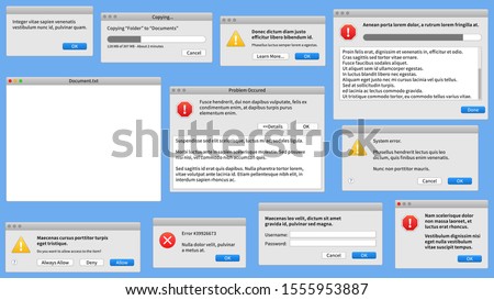 Modern pc window. User interface design, app web browser. System dialog boxes with error messages vector information warning messaging notification set