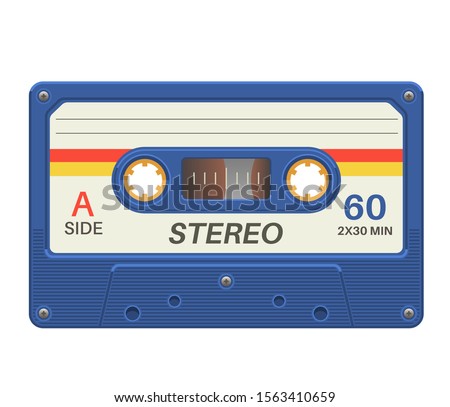 Stereo cassette. Retro audio tape with music record for vintage poster 80s isolated vector trendy pop object