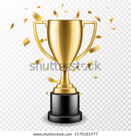Trophy cup. Champion trophy, shiny golden cup and falling confetti, sport award. Winner prize, champions realistic vector celebration winning concept