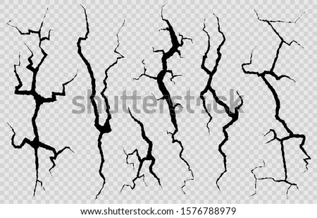 Wall cracks. Surface fracture structure, cleft broken dry lining wall or destroyed cracked glass, earthquake destruction vector cracking isolated abstract set Foto d'archivio © 