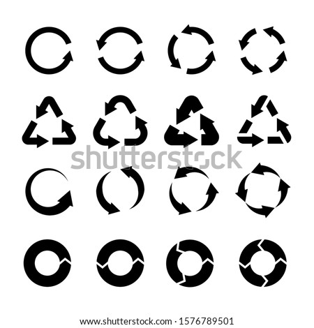 Recycling icons. Black circle arrows environmental labels. Bio garbage, biodegradable waste and reuse trash, ecology pictograms isolated vector logo of recycleable product set Foto stock © 