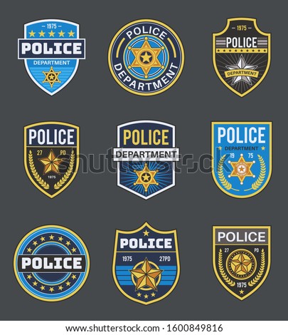Police labels. Policeman law enforcement badges. Sheriff, marshal and ranger logo, police star medallions, security federal agent vector secure emblem insignia