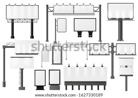 Billboard. Different advertising mockup, blank signage empty construction, outdoor street advertisements billboards display vector isolated realistic set