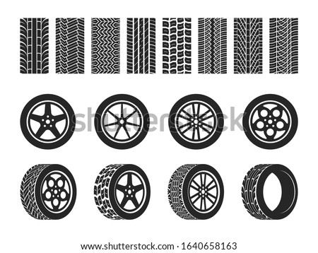 Wheel tires. Car trace imprints, vehicle track or auto race tire, motorcycle racing wheels with different protection patterns and graphic elements vector set