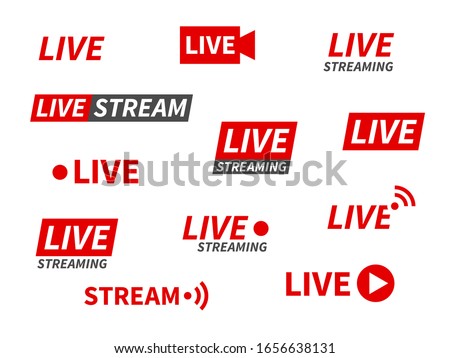 Live streaming icons. Broadcasting video news, tv stream screen banners. Online channel, live event stickers isolated vector set for living show technology