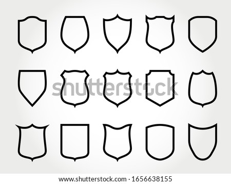 Line shield. Force shielded badges of plain coat protected arms, protective cover vector thin outline icon collection