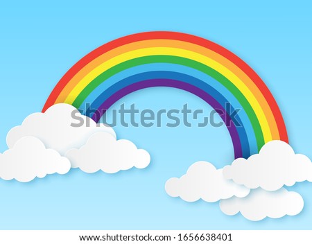 Paper rainbow. Clouds and rainbow on sky origami style, wallpaper for childrens bedroom, baby room craft design colorful vector magic kid background Foto d'archivio © 