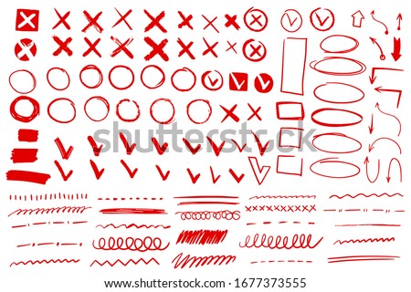 Doodle check mark and underline. Hand drawn red check tick stroke. Cross, circle arrow mark for list items yes or no checklist vector pencil handwritten icons