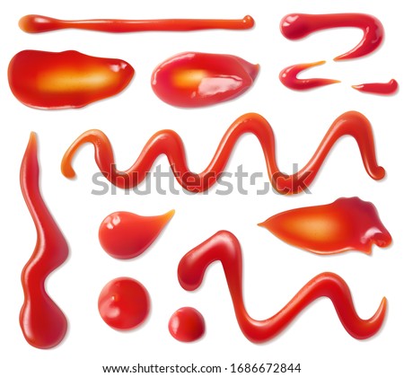 Ketchup stains. Tomato sauce red spots and smears, drops for paste and catsup blobs. Vegetable seasoning barbecue sour food realistic 3d vector set