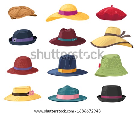 Hats and headgears. Stylish summer male and female headwear, vintage classic and modern hats, clothes accessory colorful cartoon vector set of accessories