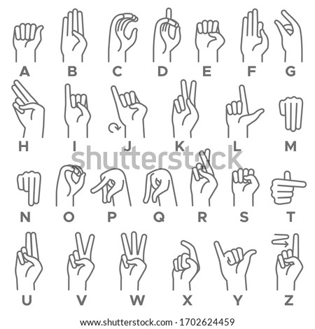 Deaf-mutes hand language. Learning alphabet, nonverbal deaf-mute communication, expressiveness asl gestures line vector alphabetical set
