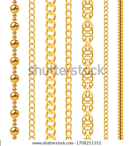 Golden chain. Seamless luxury chains of different shapes, realistic gold jewelry links, metal golden elements repeating pattern vector metallic frame set