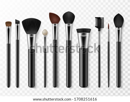 Makeup brushes. Realistic professional makeup artist tools for model face, fashion accessory for cosmetics, woman style isolated vector set