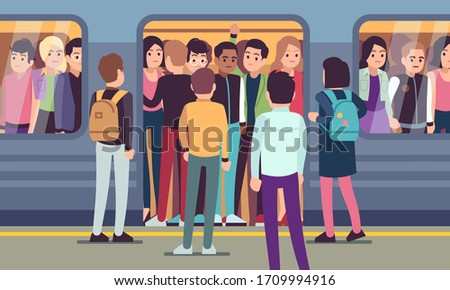 People go into subway train. Public urban transportation, metro platform, passengers trying to enter underground wagon vector overcrowded transport concept