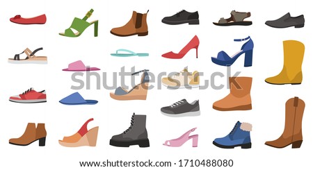 Shoes. Mens, womens and childrens footwear different types, trendy casual, stylish elegant glamour and formal shoes cartoon vector side view set