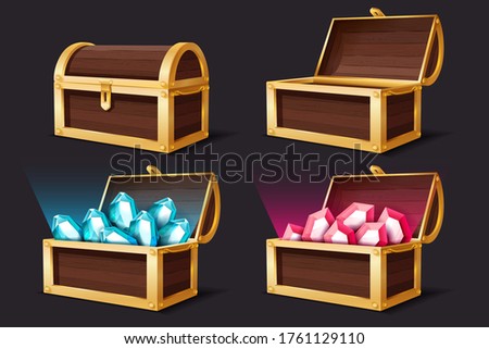 Treasure chest. Closed and open gold chests with gems jewelry. Medieval mystery pirate treasures ruby and topaz illustration for game cartoon vector set