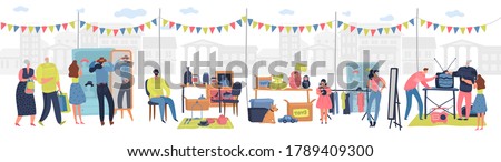 Flea market. People shopping selling retro goods fashionable clothes swap meet bazaar. Cheap garage sale, second hand shop, retail business outdoors. Flat vector cartoon concept