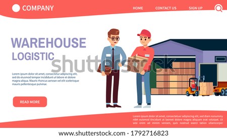 Landing page concept with theme warehouse and logistics. Logistic transportation and forklift, truck delivery loader with boxes, warehouse workers mobile app or web banner flat cartoon characters