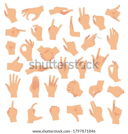 Hand gestures. Various arms, human hands, ok, thumb up and pointing finger, pinch and fist. Optimistic or pessimistic arm gesture, interactive communication vector flat cartoon isolated set