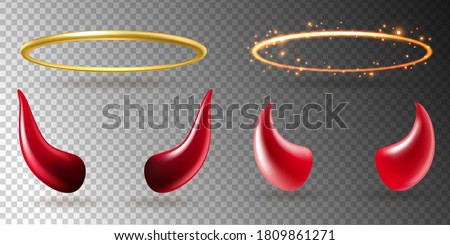 Angel rings and devil horns. Saints golden glowing circle halo, shiny yellow aureole and red demon horn evil symbol realistic halloween costume design vector 3d isolated on transparent background set