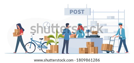 Post delivery office. Postmen, courier with truck and people with boxes and letters in post reception, order receiving or parcel, mail service postage stamp envelopes vector flat cartoon illustration