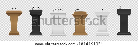 Tribune set. Realistic different color podiums with microphones ,front view pedestals for lecture, award ceremony, press interview and political debate 3d empty platform for speakers vector isolated set