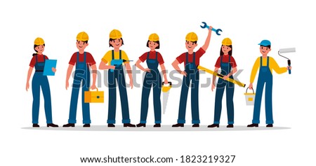 Builders group. Construction industry people team in helmet and uniform, contractor engineer, technician and builder, mechanic, male and female with tools saw, hammer and trowel vector characters