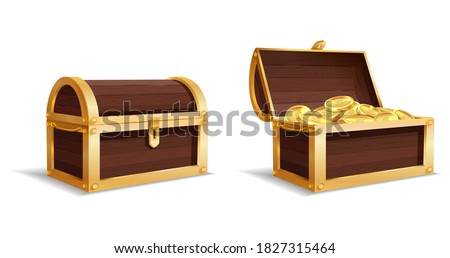 Two large chests. Open, closed chest, pile of bright gold coins inside vintage wooden trunk, medieval mystery pirate treasures, prize profit or success symbol isolated vector set on white background