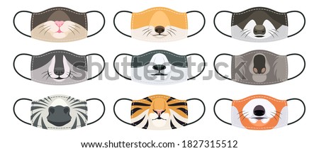 Medical mask with animals faces. Fun reusable mouth masks with various wild and domestic animal design, kids and adults clothes with print Covid-19 virus social protection, cartoon vector isolated set