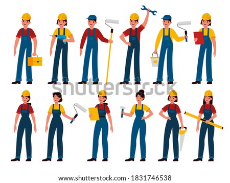 Builders. Men and women professional contractors, technician with toolbox, painter, carpenter and mechanic in uniform and helmet. Handyman with tools saw, hammer and paint roller flat vector character