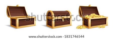 Three large chests. Empty closed chest pile of bright golden coins inside vintage wooden trunk, medieval mystery pirate treasure, prize profit or success symbol vector isolated set on white background