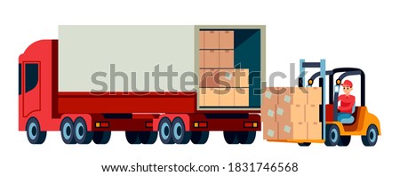 Loader unloads cargo from truck. Delivery service and moving concept. Logistic transportation forklift and trucks with cardboard boxes. Warehouse worker moving container vector flat style illustration